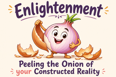 Practical Enlightenment — an onion mascot peeling its own layers.